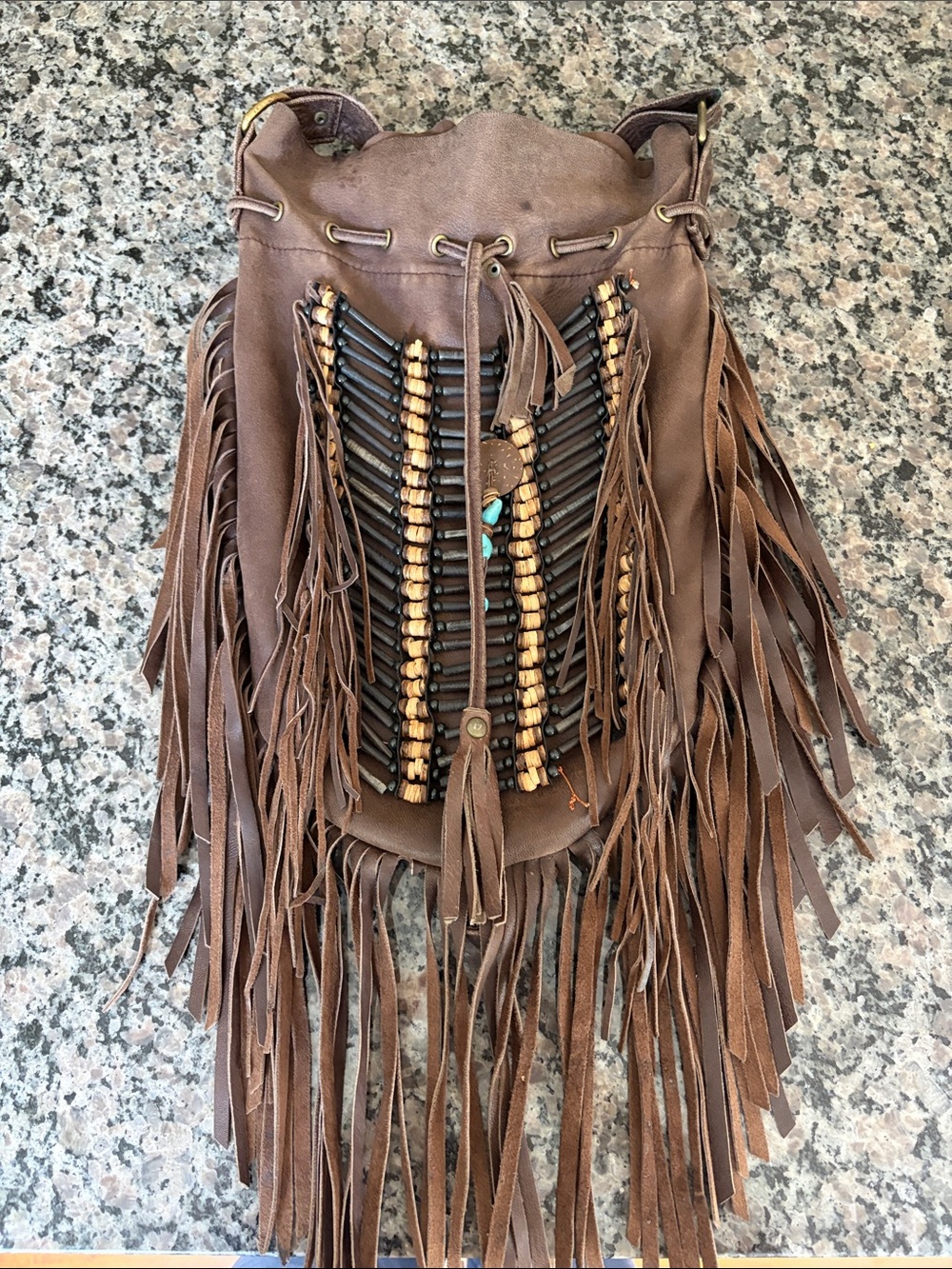 Brown Leather Fringe Beaded Bucket Bag